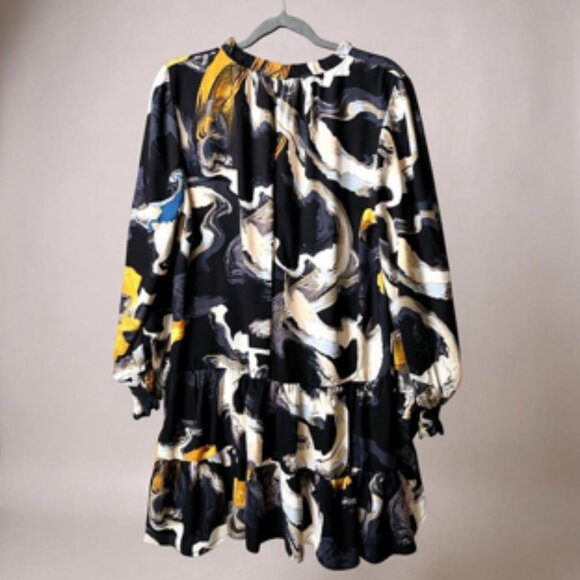 Nine West Dresses & Skirts - Nine West Abstract Print Long Sleeve Tiered Mini Dress Black/White/Yellow XL